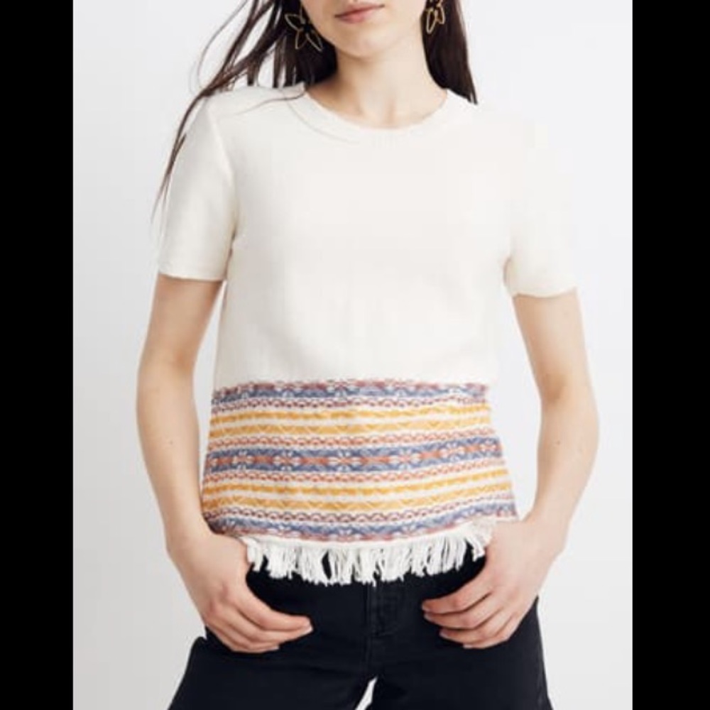 NWOT Madewell Jacquard Short Sleeve Fringe Sweater